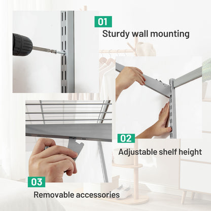 Adjustable Wall-Mounted Closet Organizer Kit with Shelves and Hanging Rods for 3 to 5 Ft Spaces – Grey