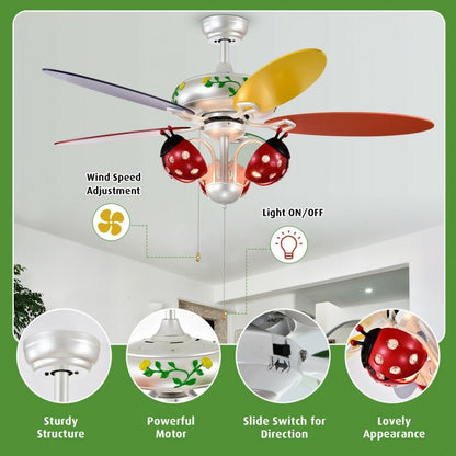 52 Inch Beetle Ceiling Fan for Kids with Colorful Blades & Pull Chain Control