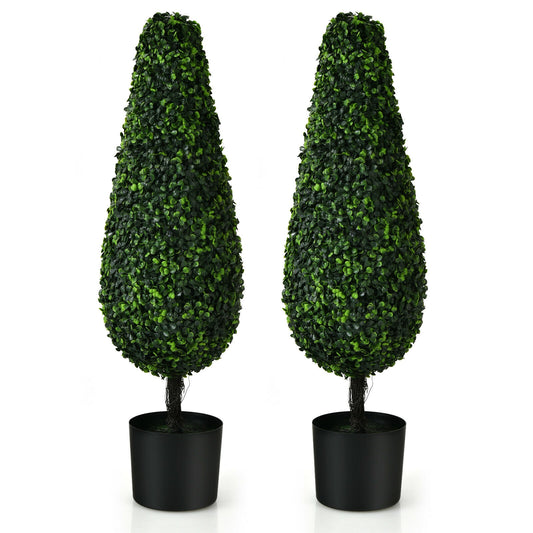 Set of 2 UV-Resistant 3 Foot Artificial Tower Topiary Trees for Indoor & Outdoor Decor