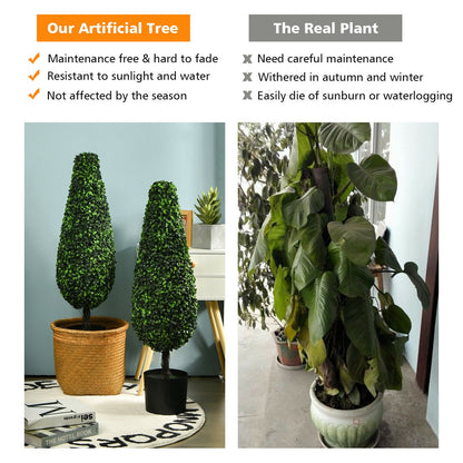 Set of 2 UV-Resistant 3 Foot Artificial Tower Topiary Trees for Indoor & Outdoor Decor