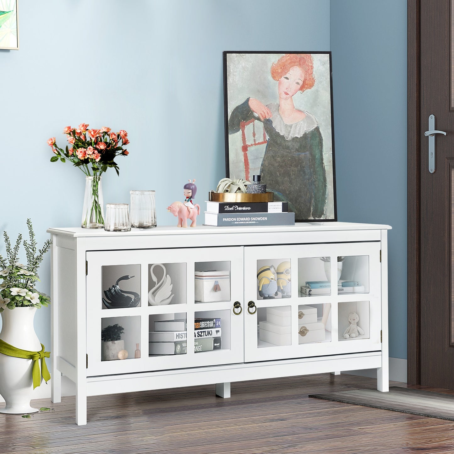 Wooden TV Stand with Cabinets and Open Shelves for TVs up to 50 Inches - White