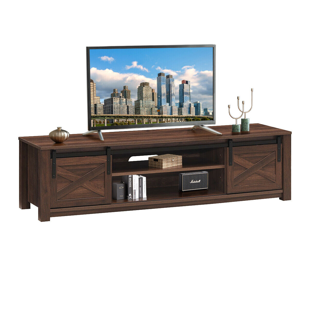 Sliding Barn Door TV Stand with Adjustable Shelves for TVs up to 65 Inches - Brown
