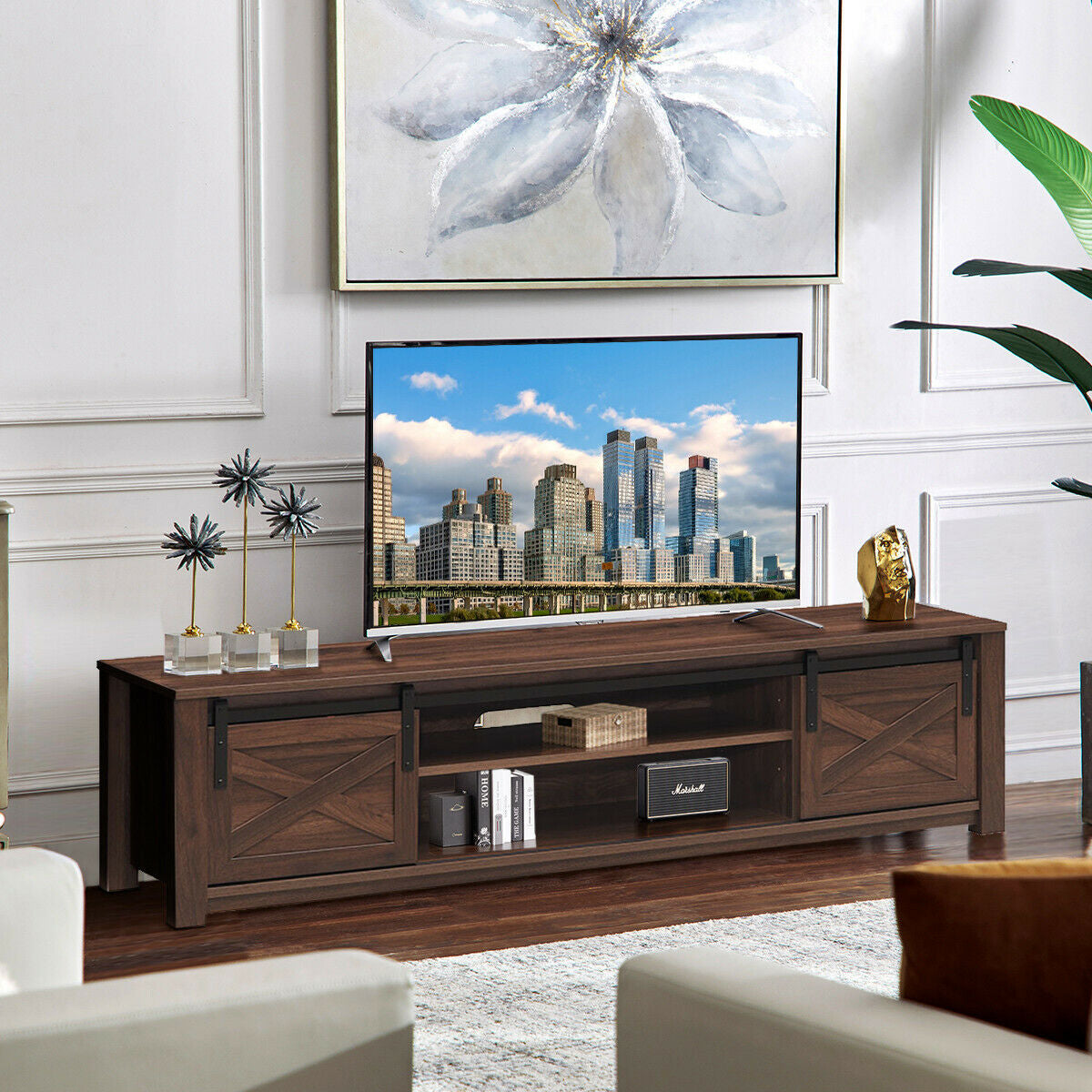 Sliding Barn Door TV Stand with Adjustable Shelves for TVs up to 65 Inches - Brown