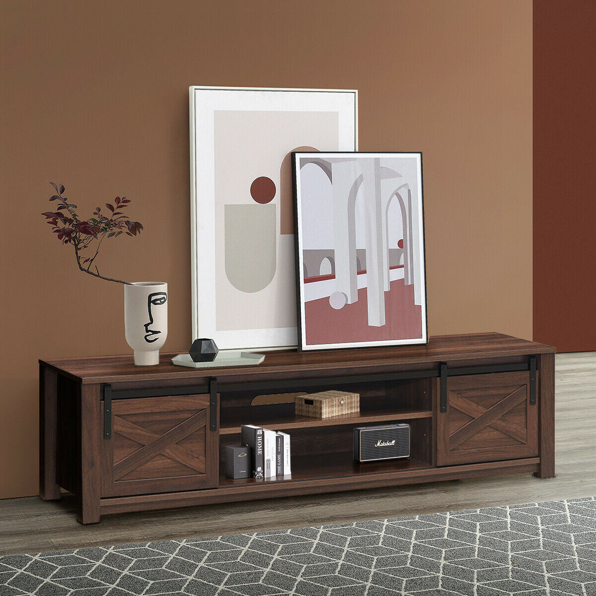 Sliding Barn Door TV Stand with Adjustable Shelves for TVs up to 65 Inches - Brown