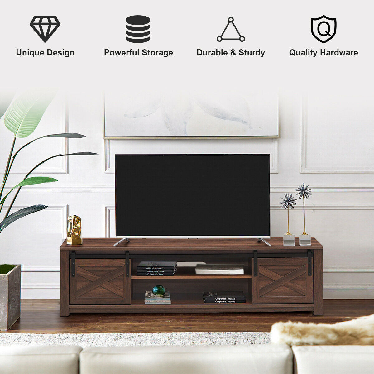 Sliding Barn Door TV Stand with Adjustable Shelves for TVs up to 65 Inches - Brown