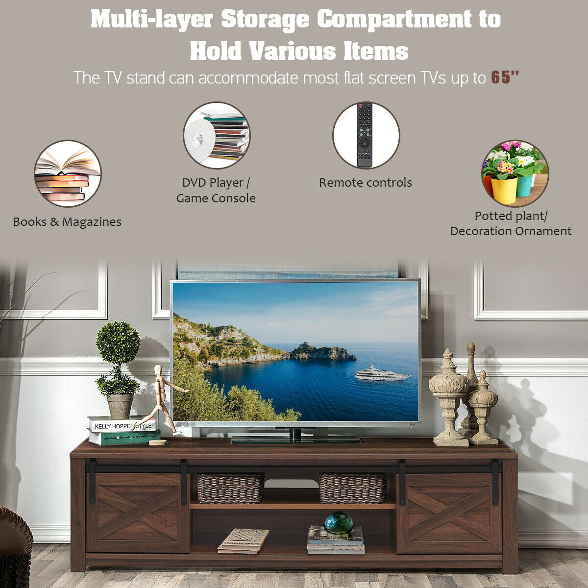 Sliding Barn Door TV Stand with Adjustable Shelves for TVs up to 65 Inches - Brown