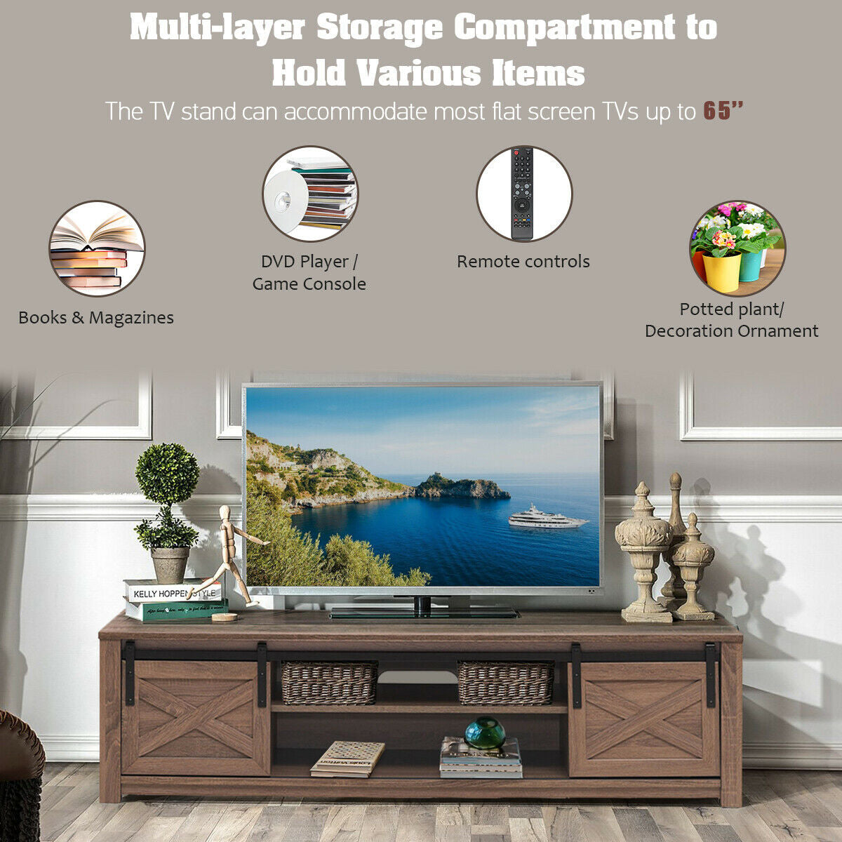 Sliding Barn Door TV Stand with Adjustable Shelves for TVs up to 65 Inches - Walnut
