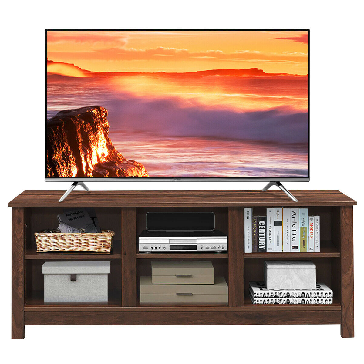Mid-Century TV Stand for TVs up to 60 Inches with Open Shelves and Cable Management in Brown