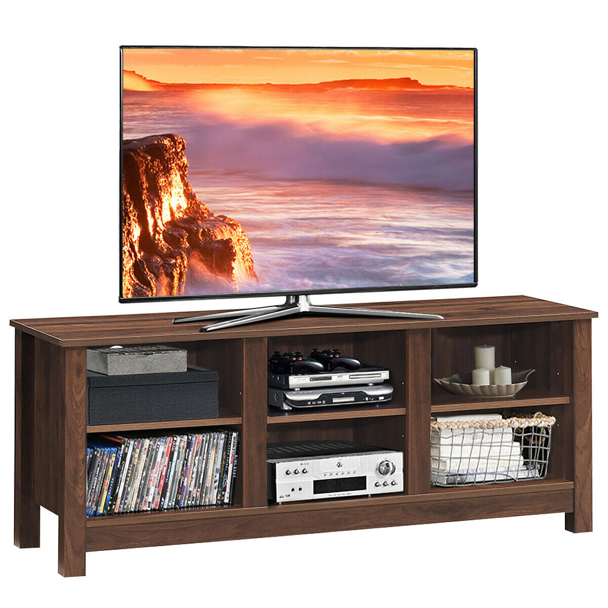 Mid-Century TV Stand for TVs up to 60 Inches with Open Shelves and Cable Management in Brown