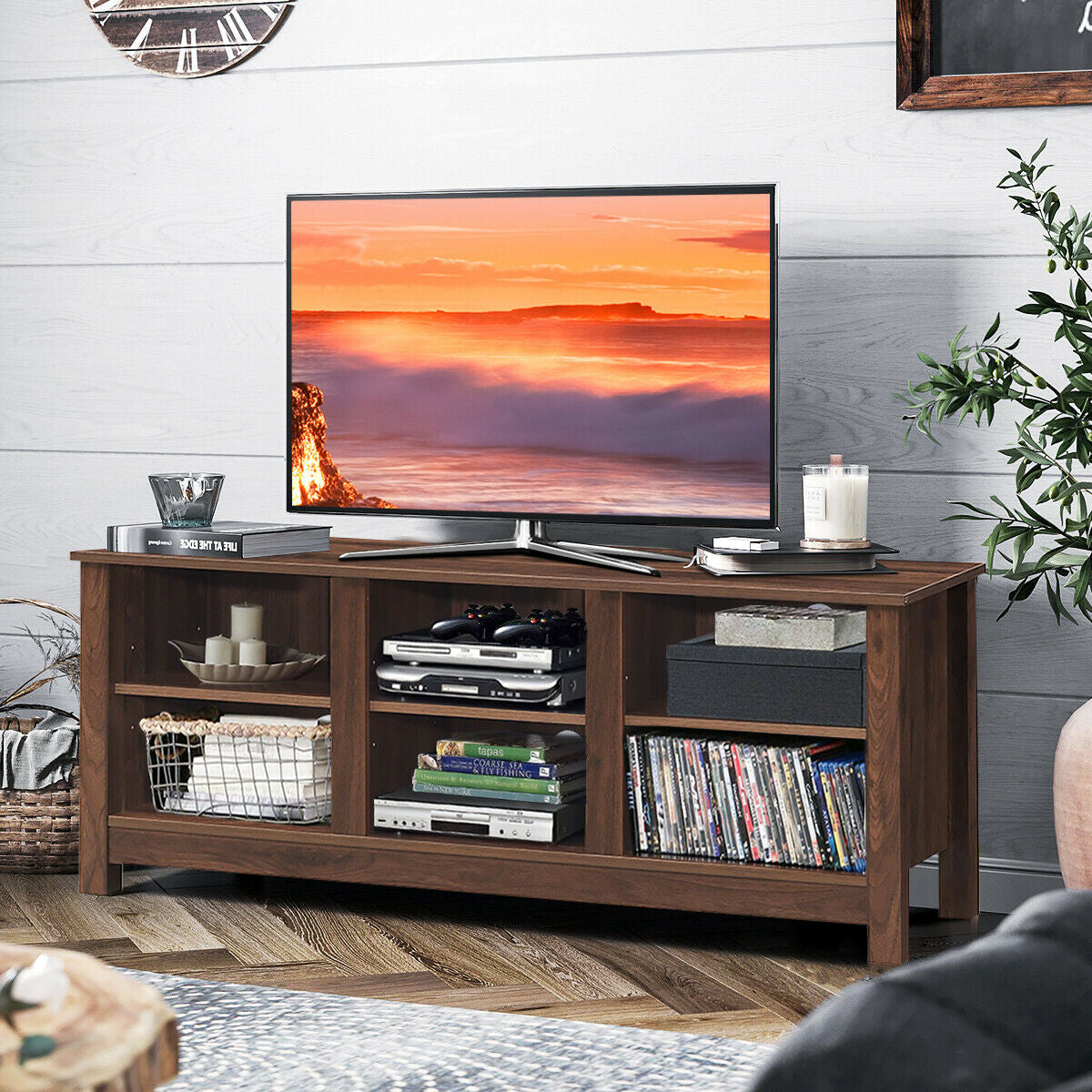 Mid-Century TV Stand for TVs up to 60 Inches with Open Shelves and Cable Management in Brown