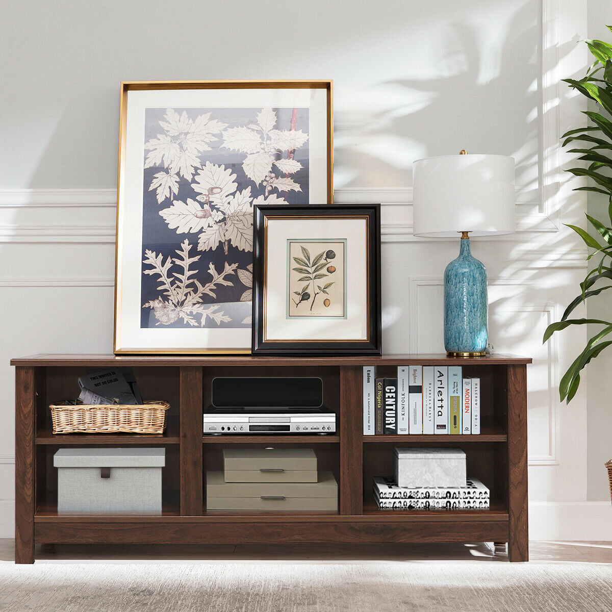 Mid-Century TV Stand for TVs up to 60 Inches with Open Shelves and Cable Management in Brown
