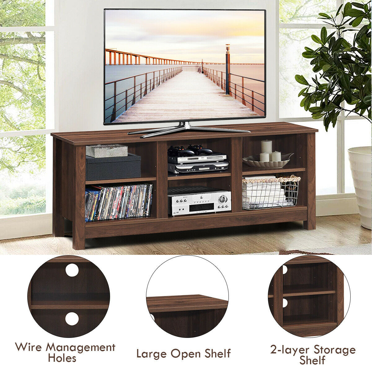Mid-Century TV Stand for TVs up to 60 Inches with Open Shelves and Cable Management in Brown
