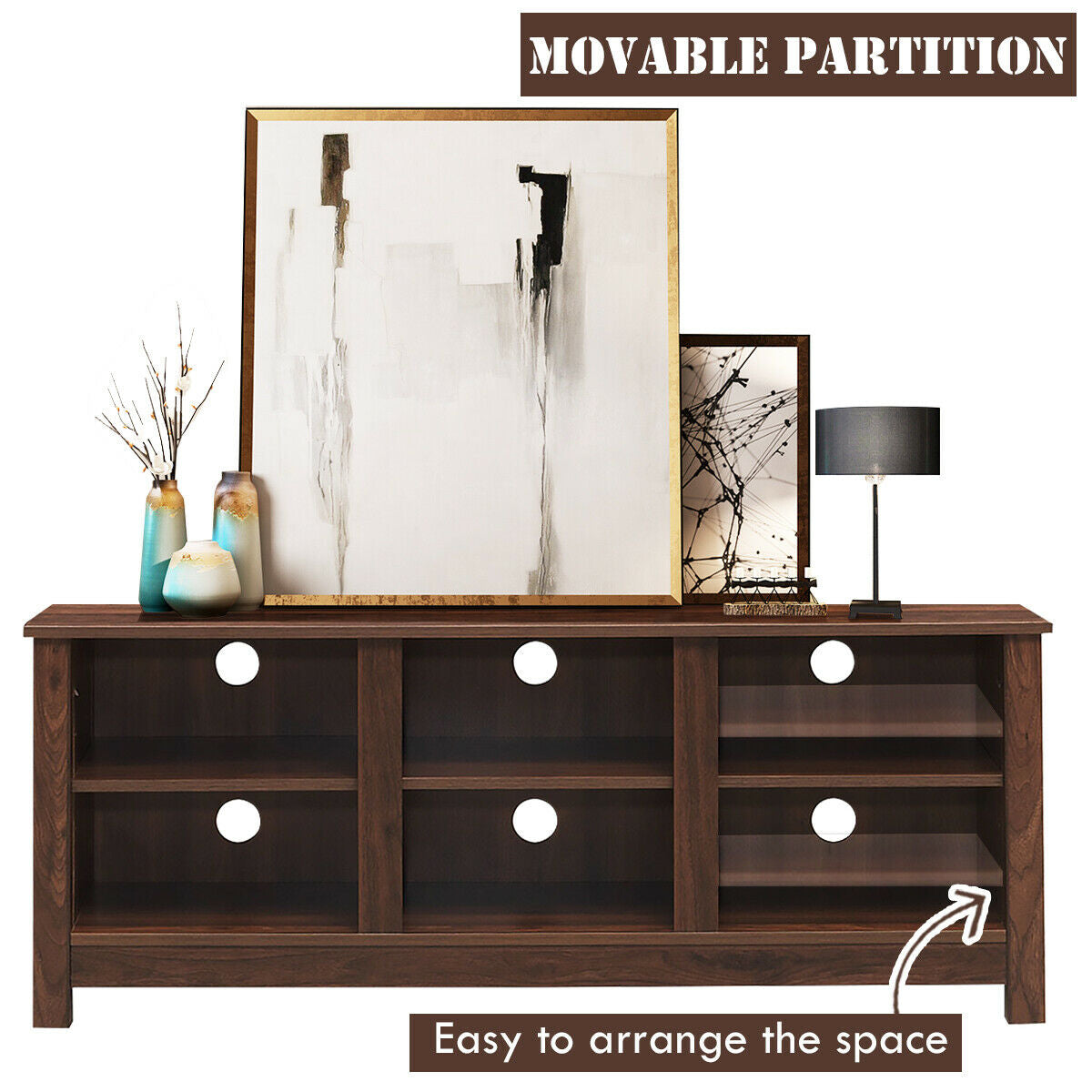 Mid-Century TV Stand for TVs up to 60 Inches with Open Shelves and Cable Management in Brown