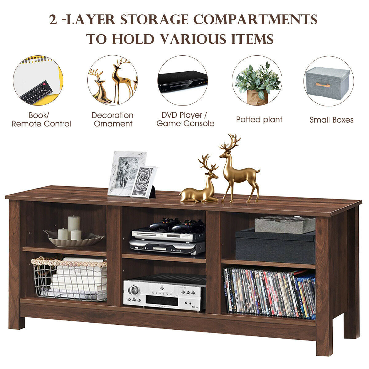 Mid-Century TV Stand for TVs up to 60 Inches with Open Shelves and Cable Management in Brown