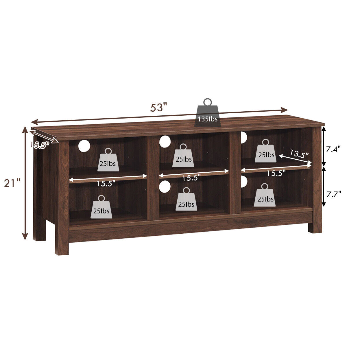 Mid-Century TV Stand for TVs up to 60 Inches with Open Shelves and Cable Management in Brown