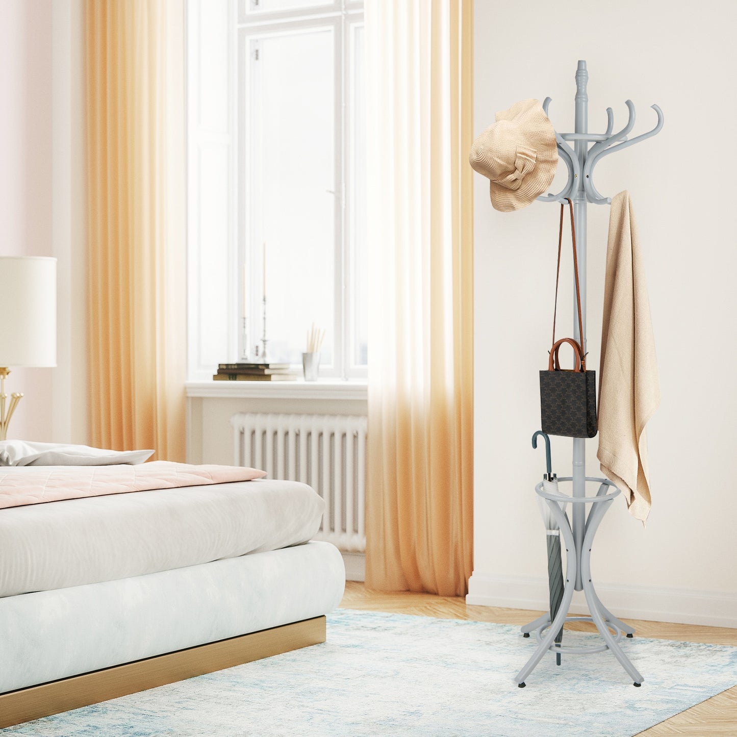 Wooden Standing Coat Rack with 12 Hooks and Umbrella Stand in Grey