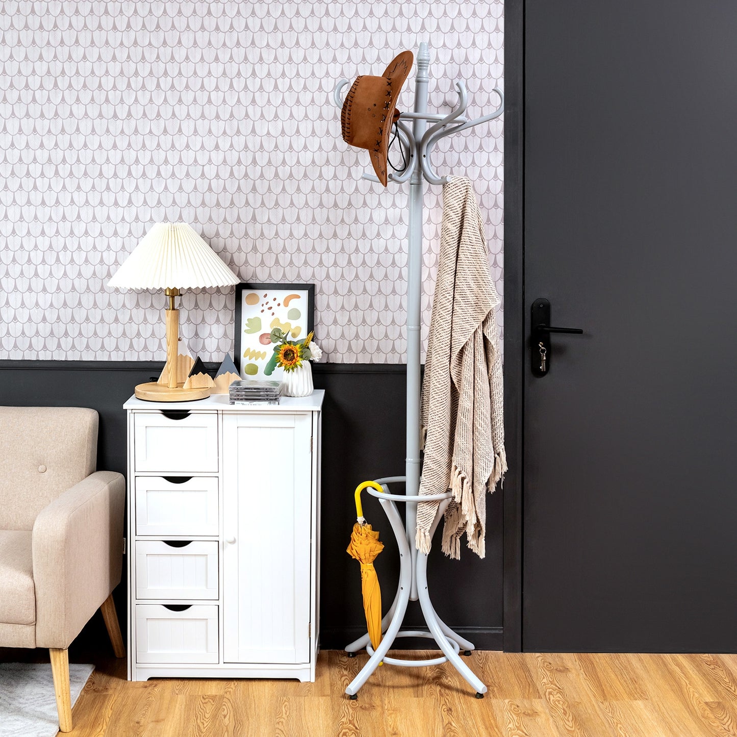 Wooden Standing Coat Rack with 12 Hooks and Umbrella Stand in Grey