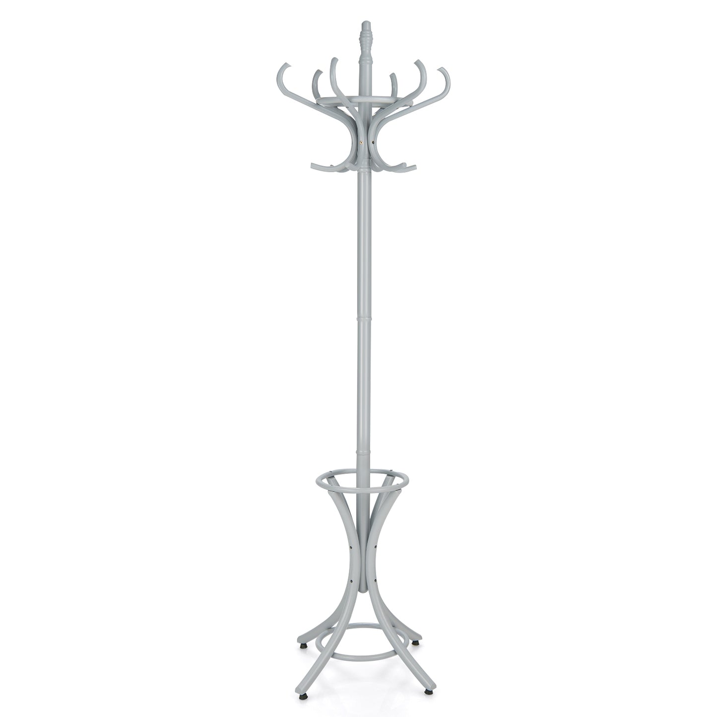 Wooden Standing Coat Rack with 12 Hooks and Umbrella Stand in Grey