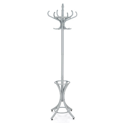 Wooden Standing Coat Rack with 12 Hooks and Umbrella Stand in Grey