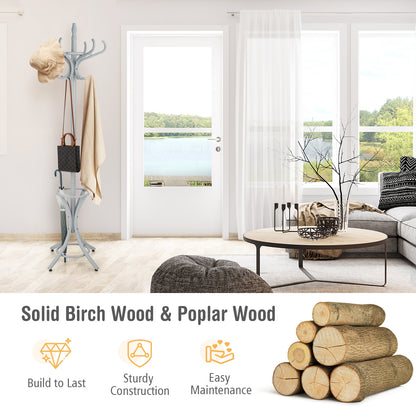 Wooden Standing Coat Rack with 12 Hooks and Umbrella Stand in Grey