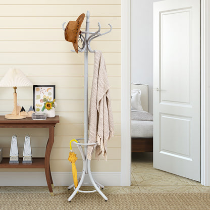Wooden Standing Coat Rack with 12 Hooks and Umbrella Stand in Grey