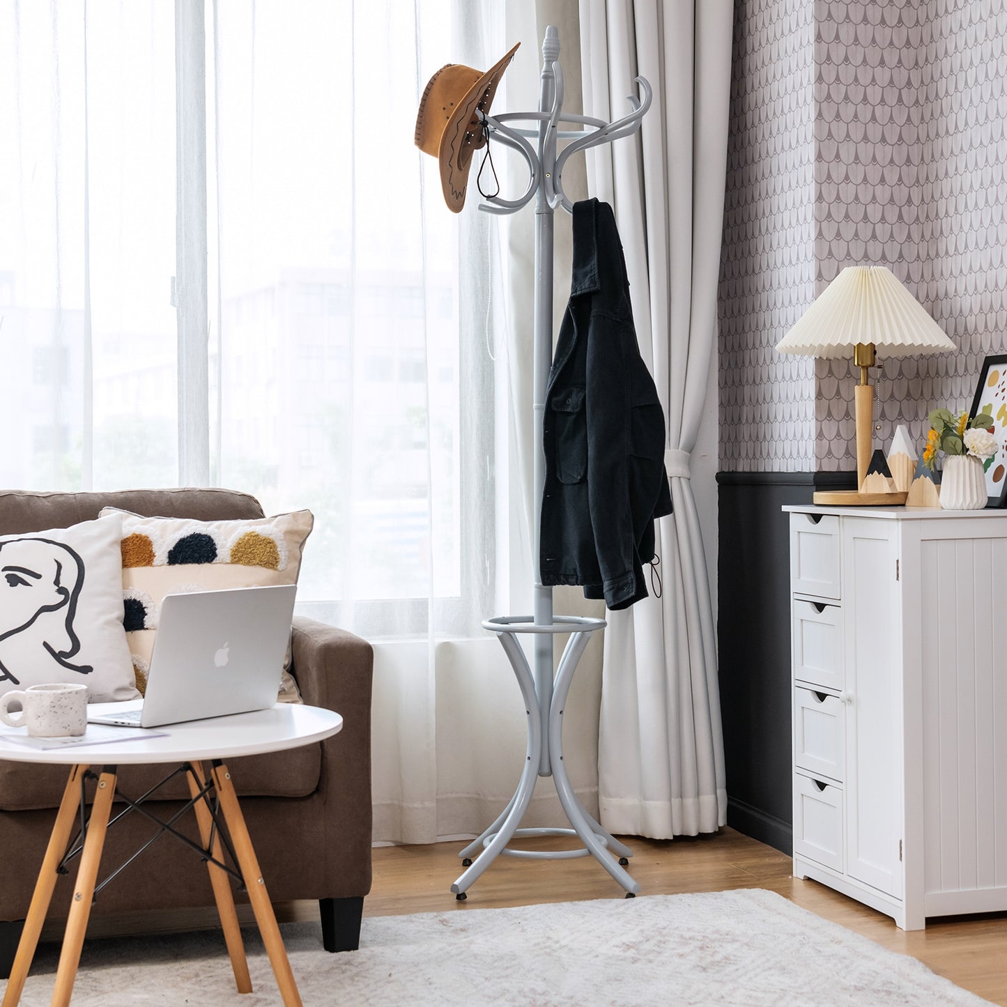 Wooden Standing Coat Rack with 12 Hooks and Umbrella Stand in Grey