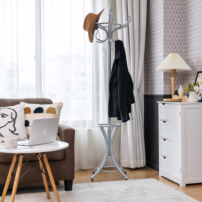 Wooden Standing Coat Rack with 12 Hooks and Umbrella Stand in Grey