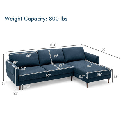 Modern L Shaped Sectional Sofa with Chaise Lounge and Solid Wood Legs in Navy
