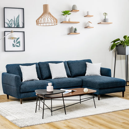 Modern L Shaped Sectional Sofa with Chaise Lounge and Solid Wood Legs in Navy