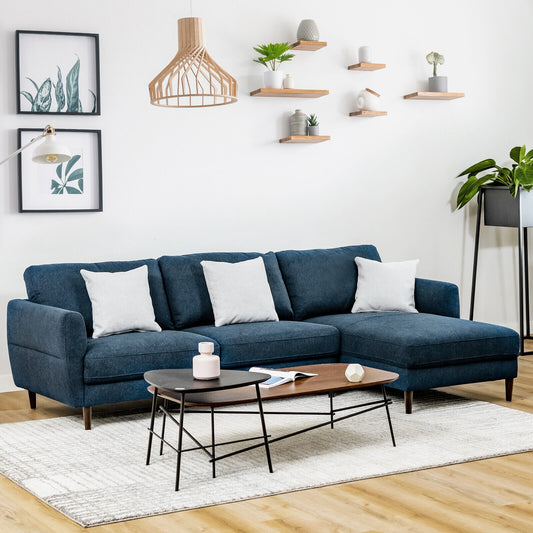 Modern L Shaped Sectional Sofa with Chaise Lounge and Solid Wood Legs in Navy