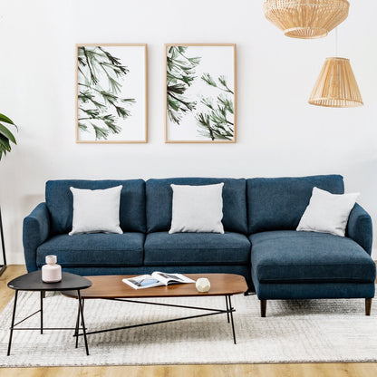 Modern L Shaped Sectional Sofa with Chaise Lounge and Solid Wood Legs in Navy