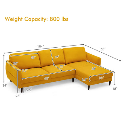 Modern L Shaped Sectional Sofa with Chaise Lounge and Solid Wood Legs in Yellow