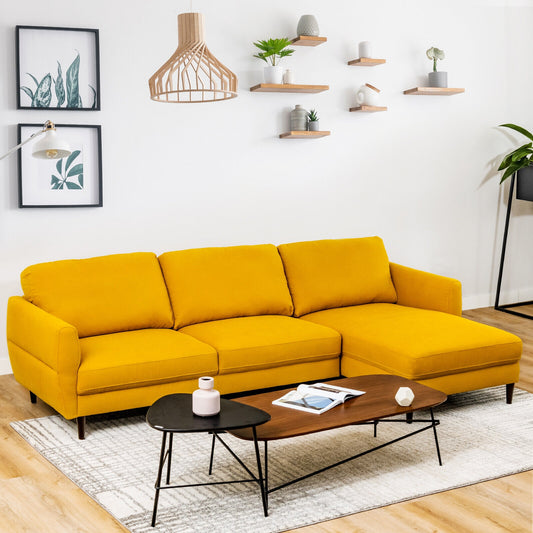 Modern L Shaped Sectional Sofa with Chaise Lounge and Solid Wood Legs in Yellow