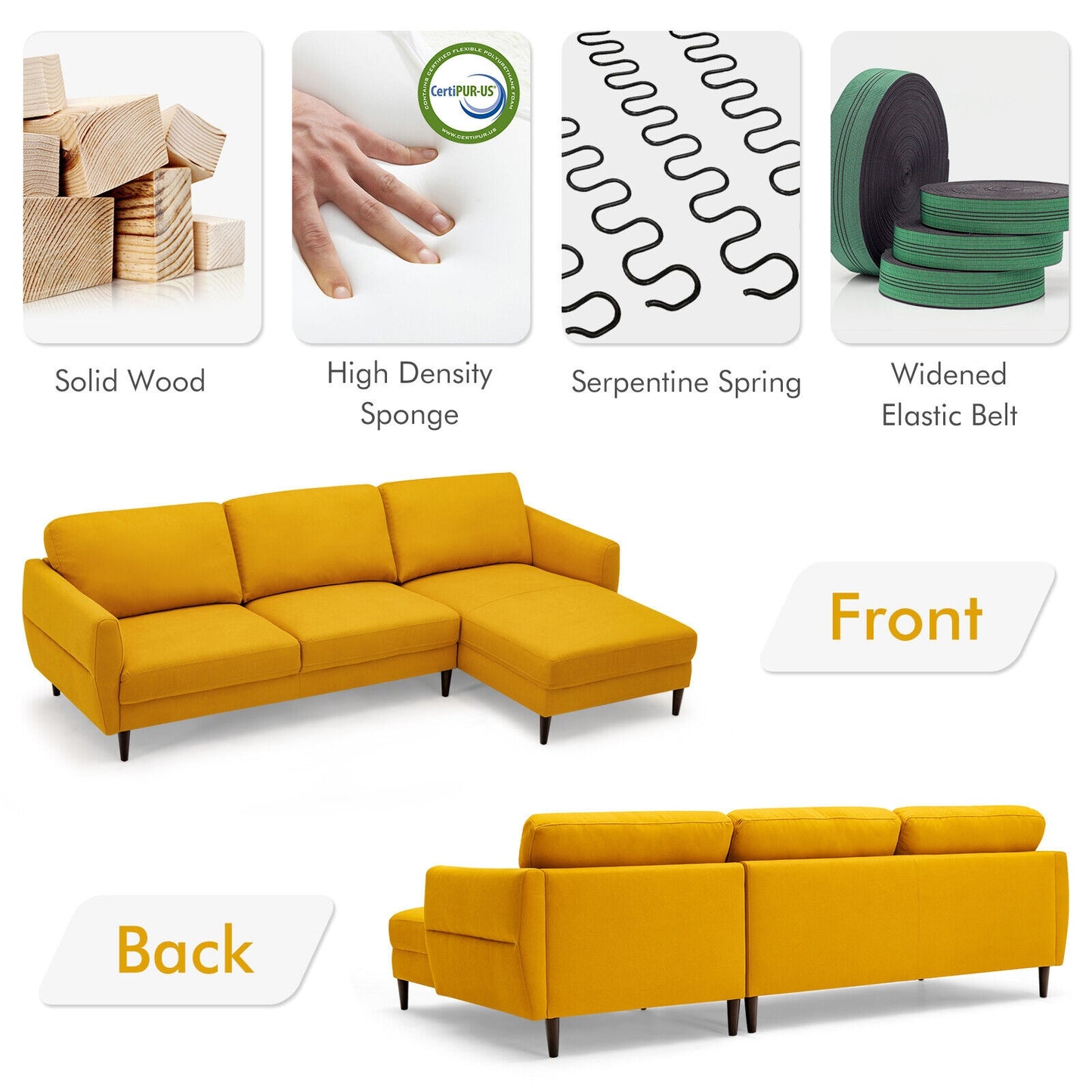 Modern L Shaped Sectional Sofa with Chaise Lounge and Solid Wood Legs in Yellow