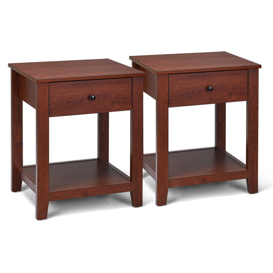 Set of 2 Wooden End Table with Drawer and Lower Storage Shelf