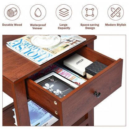 Set of 2 Wooden End Table with Drawer and Lower Storage Shelf