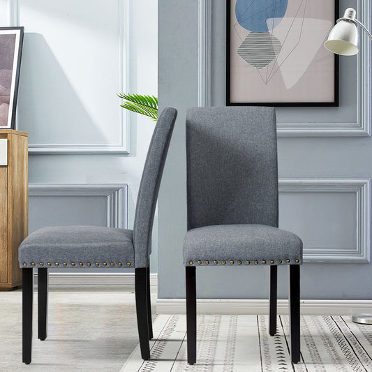 Set of 2 Stylish Upholstered Dining Chairs with Nailhead Accents - Light Grey
