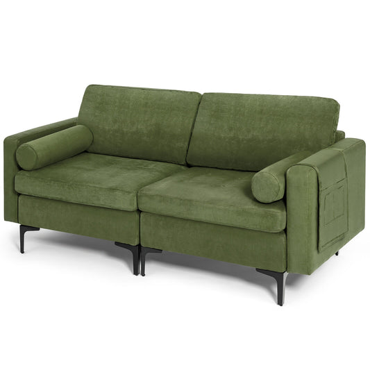 Modern 2-Seat Loveseat Sofa with Bolsters and Side Storage Pocket in Army Green