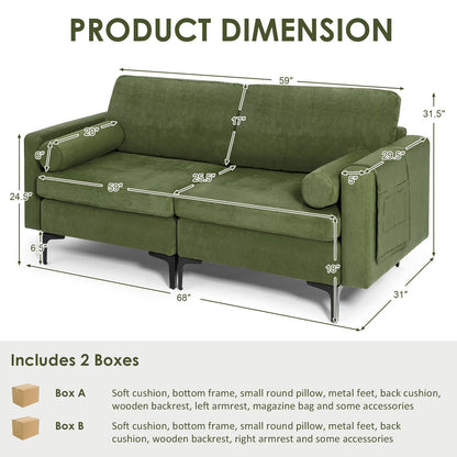 Modern 2-Seat Loveseat Sofa with Bolsters and Side Storage Pocket in Army Green