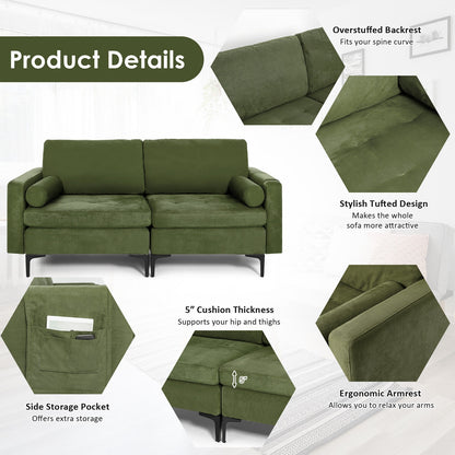 Modern 2-Seat Loveseat Sofa with Bolsters and Side Storage Pocket in Army Green