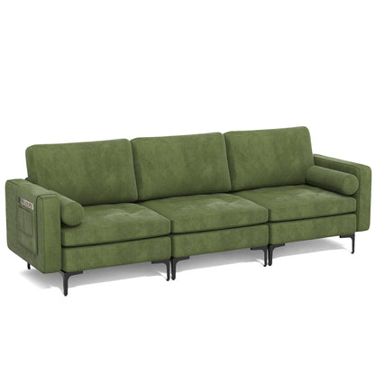 3 Seater Sofa Couch with Storage Pocket and Metal Legs, Dark Green Suede Upholstery