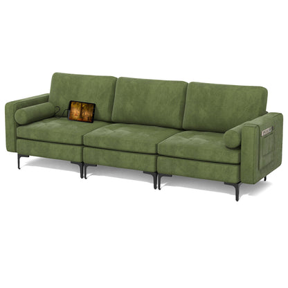 3 Seater Sofa Couch with Storage Pocket and Metal Legs, Dark Green Suede Upholstery