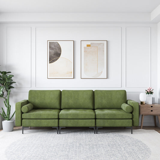 3 Seater Sofa Couch with Storage Pocket and Metal Legs, Dark Green Suede Upholstery