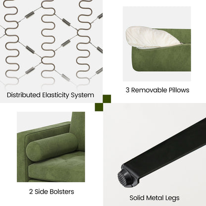 3 Seater Sofa Couch with Storage Pocket and Metal Legs, Dark Green Suede Upholstery