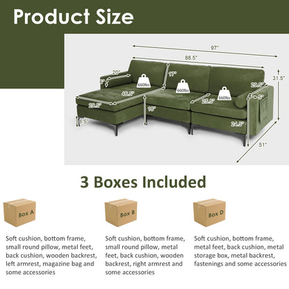 Modular L Shaped Sectional Sofa with Reversible Chaise USB Charging Ports and Hidden Storage in Army Green