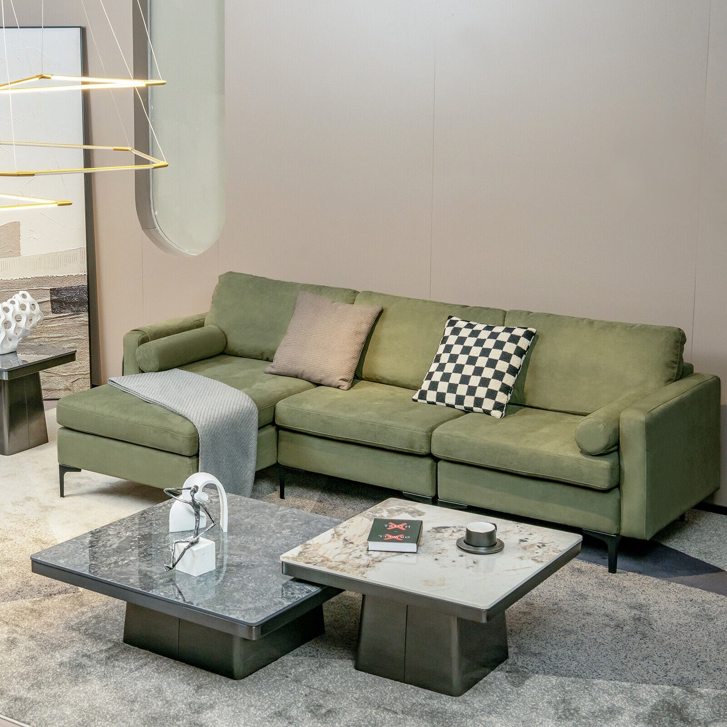 Modular L Shaped Sectional Sofa with Reversible Chaise USB Charging Ports and Hidden Storage in Army Green