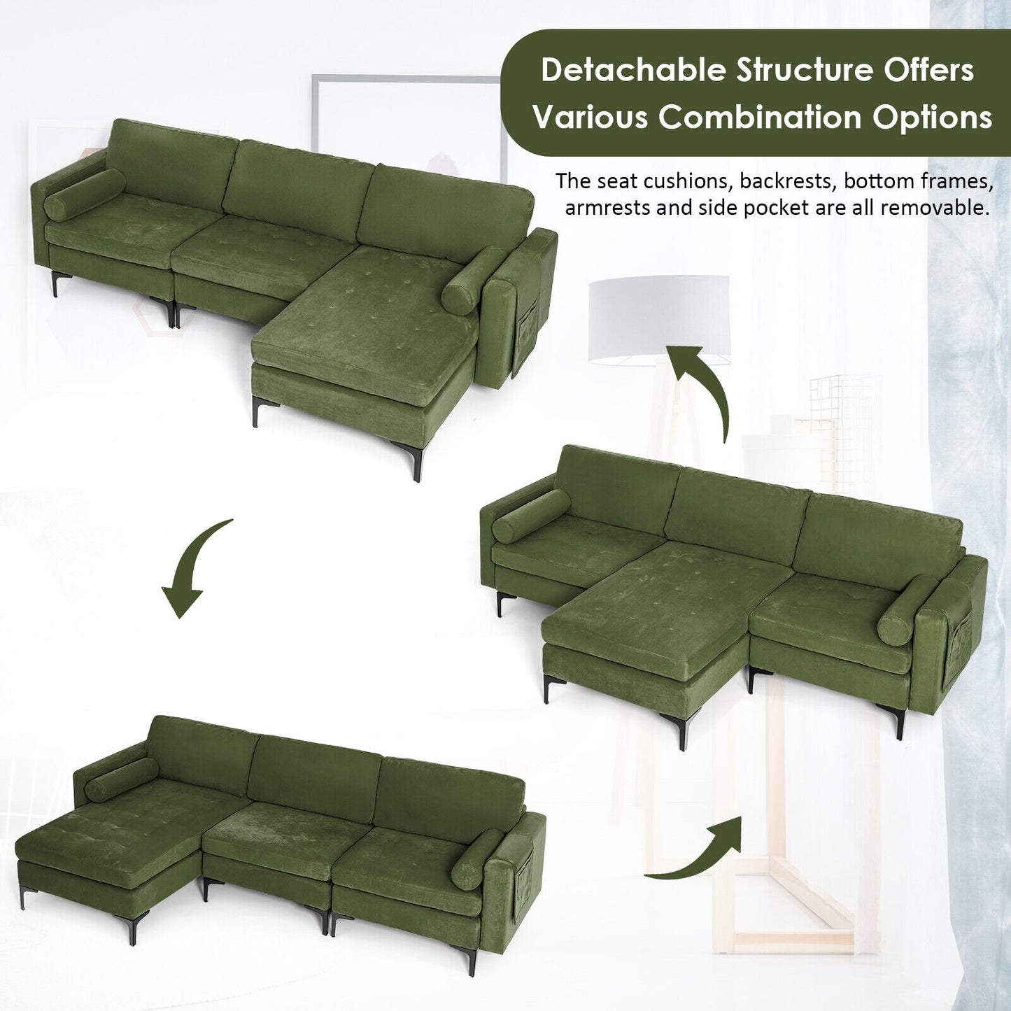 Modular L Shaped Sectional Sofa with Reversible Chaise USB Charging Ports and Hidden Storage in Army Green