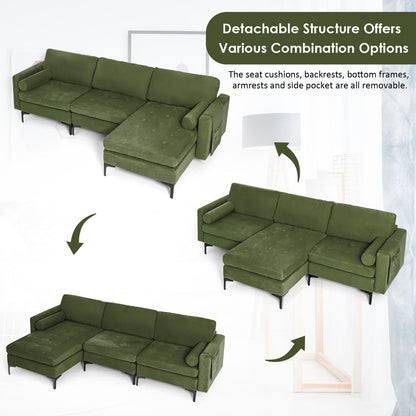 Modular L Shaped Sectional Sofa with Reversible Chaise USB Charging Ports and Hidden Storage in Army Green