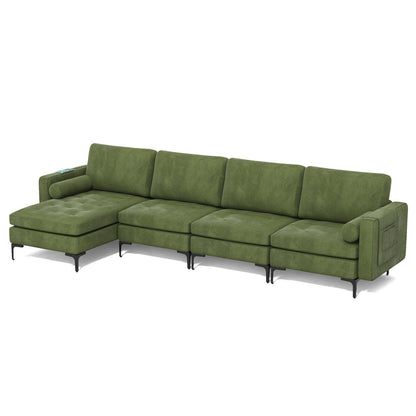 4 Seat L-Shaped Sectional with Reversible Chaise, Storage and USB Ports - Army Green