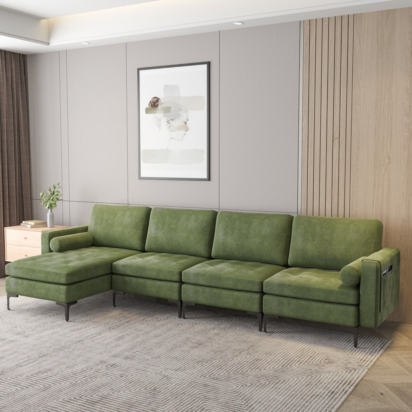 4 Seat L-Shaped Sectional with Reversible Chaise, Storage and USB Ports - Army Green
